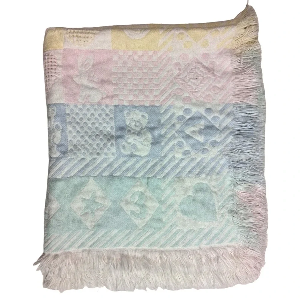 Vtg Pastel Tapestry Baby Blanket Fringe Pink‎ Blue Yellow Green Bear 1 2 3 A B C